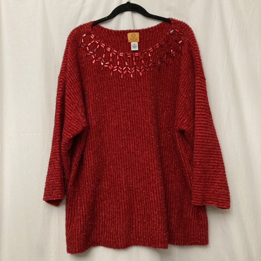 Ruby Rd. Woman Red Long Sleeve Sparkle Sweater w/Neck Embellishments - SZ 2X